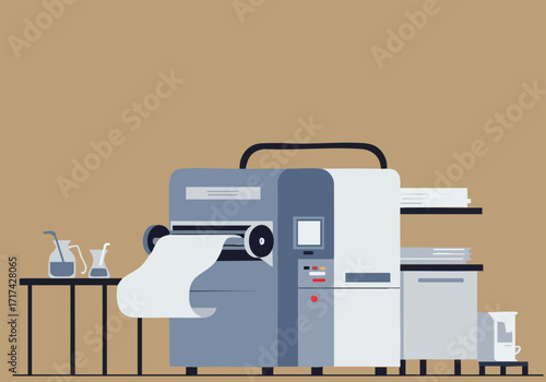 modern offset printing press dominates the scene showcasing a detailed print roll and stacked sheets A clean professional laboratory setting highlights the machinery's functionality