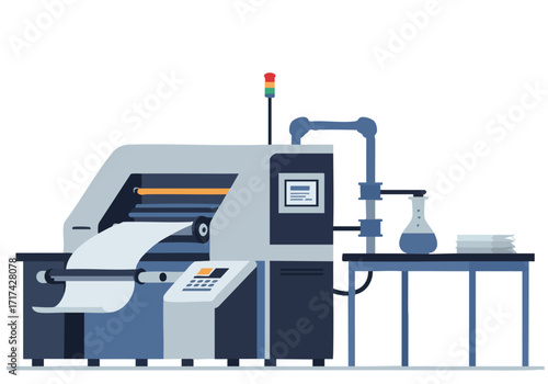 Modern printing press illustration. Detailed machinery, control panel, and output stack. Clean, professional design. Ideal for tech, manufacturing, and business concepts.
