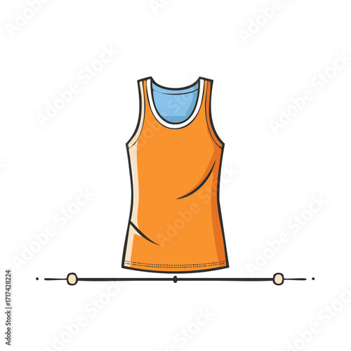 Bright Orange Athletic Tank Top with Blue Neckline and White Trim Graphic
