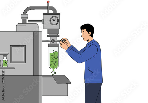 A male scientist adjusts a laboratory instrument, examining a green liquid sample. Detailed equipment and a focused worker create a professional, scientific scene.