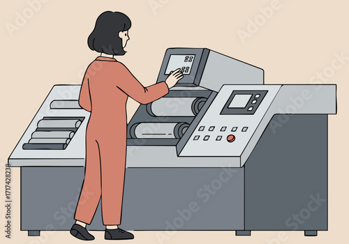 A female professional operates a large printing machine, adjusting settings on a digital display. Clean, modern illustration style.