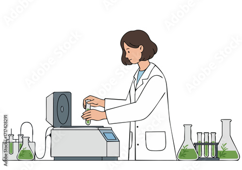 A female scientist analyzes algae in a lab setting using a spectrophotometer. Clean, modern illustration with a focus on scientific research and a bright, professional aesthetic.