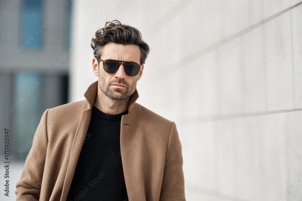 Fototapeta premium stylish man in tailored wool coat, sunglasses, neutral tones outfit, clean modern background, quiet luxury fashion