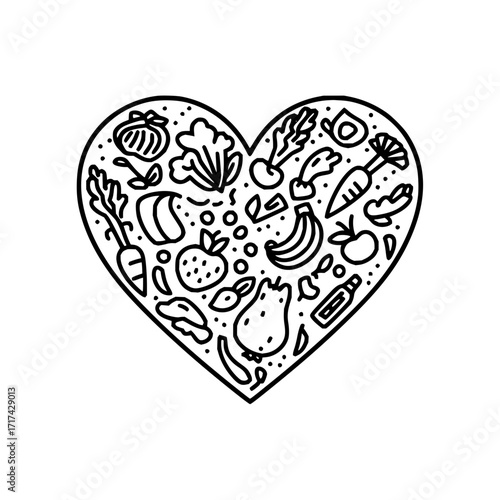 Heart outline filled with various healthy food items including fruits vegetables and other food products