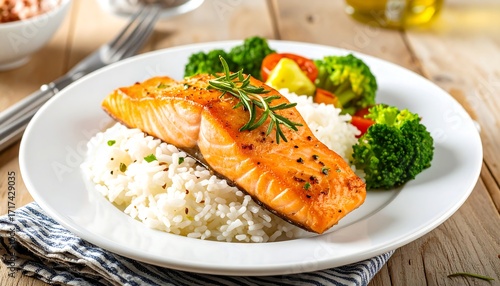 Roasted salmon with rice and vegetables on a plate
