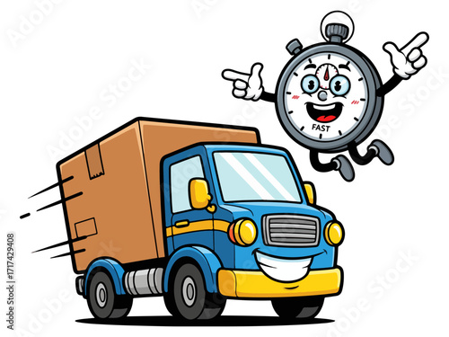 Cartoon vector illustration of a delivery truck speeding along carrying a large package