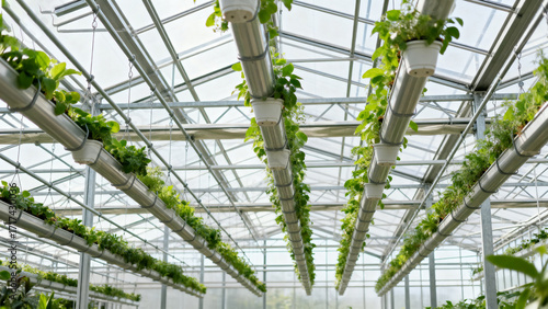 Wallpaper Mural Hydroponic plants growing in vertical pipes inside a large greenhouse with transparent roof and metal framework Torontodigital.ca