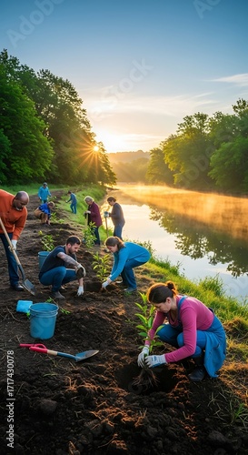 Community volunteers plant young trees by a river at sunrise, creating a vibrant and hopeful atmosphere.