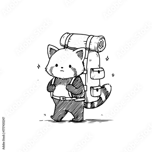 A whimsical red panda with a large backpack embarks on an adventure with sparkling stars around him