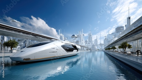 Wallpaper Mural Futuristic yacht moored in a canal in a futuristic city with elevated train passing by Torontodigital.ca