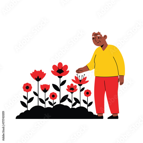Vector art of elderly person tending to red flowers