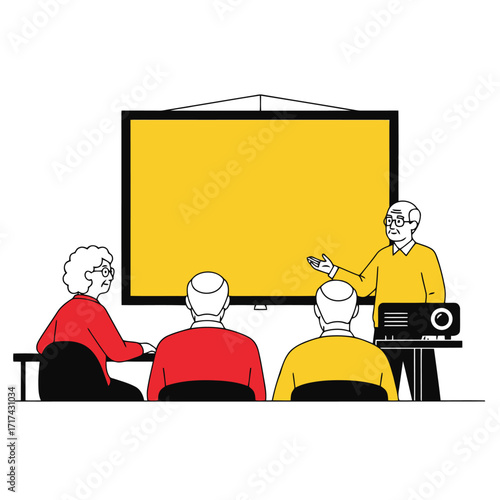 Vector art of elderly people attending a presentation on a large screen