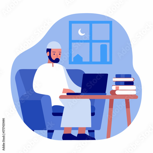 Muslim man working remotely on laptop while sitting in cozy room  