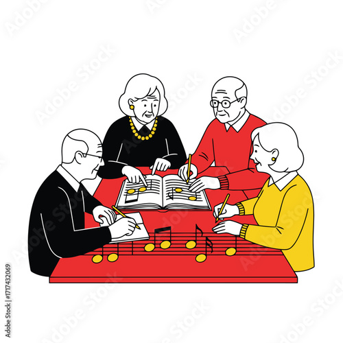 Vector art of four seniors studying music sheets together at a table