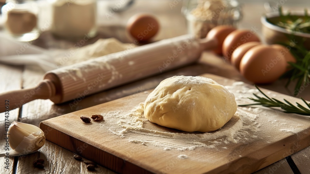 Fototapeta premium Preparing homemade dough on a wooden board, surrounded by ingredients such as eggs, flour, and herbs, for a rustic baking experience