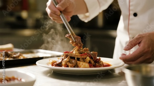 Chef plating a steaming dish of cooked meat and vegetables in a professional kitchen