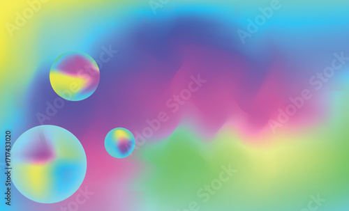 A colorful flowy smudge gradient background where vibrant hues seamlessly blend and swirl together creatin a dreamy, soft-motion effect. Scattered across this fluid canvas are colorful gradient balls.