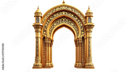 Ornate golden archway with intricate designs and pillars against a creating a sense of mystery and elegance for architectural projects isolated on solid white background 
Png form