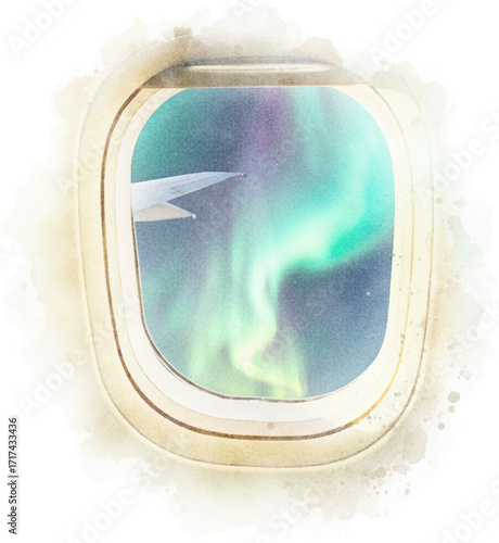 Watercolor painting of the aurora view as seen from an airplane window, with the plane's wing. generated AI.