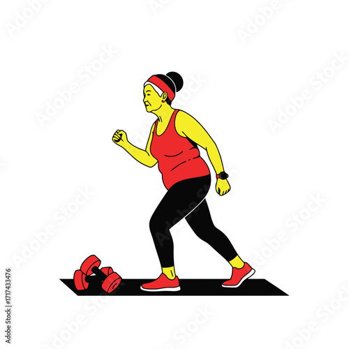 Vector art of elderly woman exercising with dumbbells