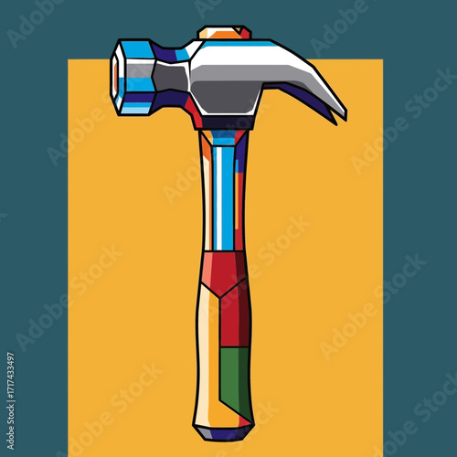 Illustration of a hammer with a colorful handle on a yellow background.