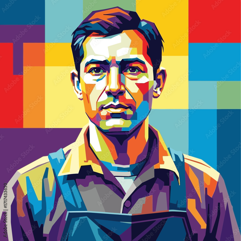 Man portrait illustration with colorful geometric background wearing work clothes looking forward.