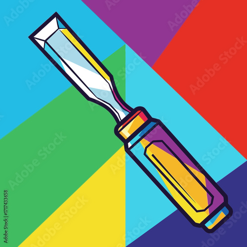 Chisel tool on colorful geometric background illustration woodworking handcrafting carpentry.