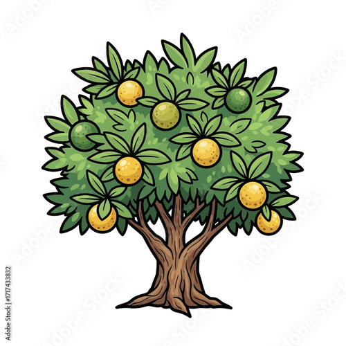 Cartoon illustration of a tree with green leaves and yellow fruits.