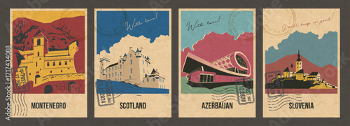 Countries Main Attractions Postcard Set. Montenegro Ostrog Monastery, Scotland Blair Castle, Azerbaijan Carpet Museum in Baku, Slovenia Bled Castle on Bled Lake. Old Paper Texture