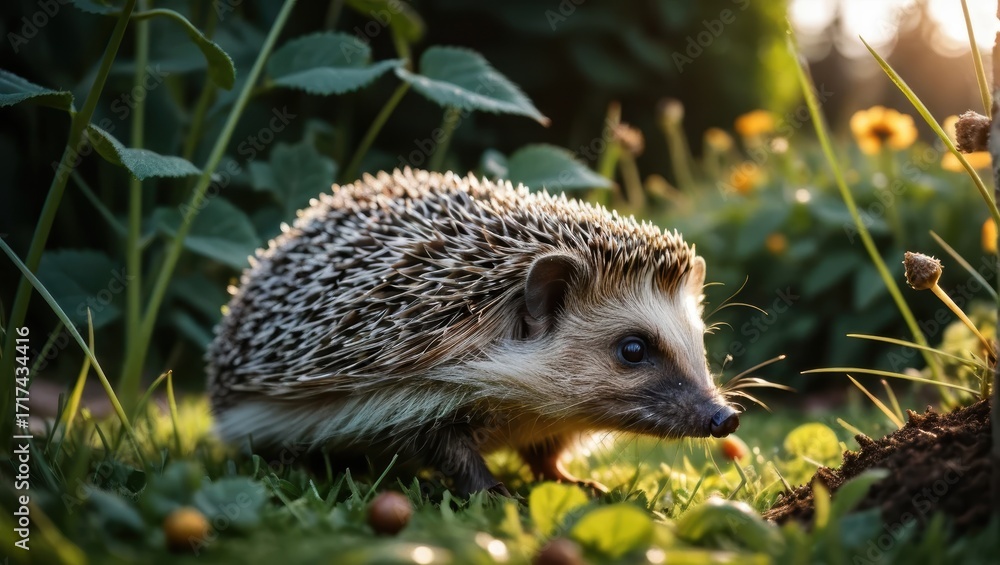 Fototapeta premium Hedgehog Foraging in a Lush Green Garden Surrounded by Sunlight and Vibrant Flowers