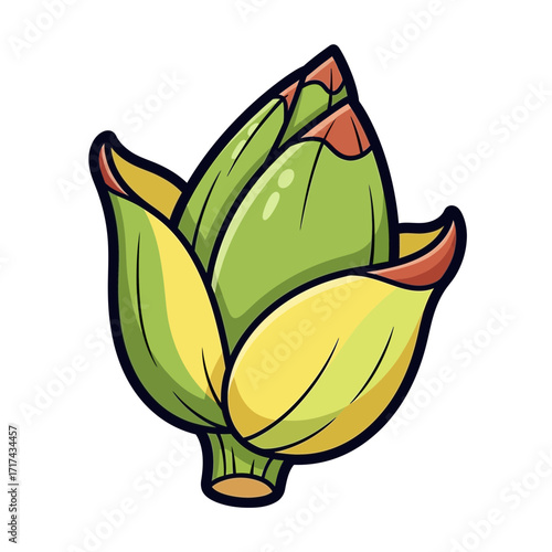 Cartoon artichoke with green and yellow leaves isolated on white background.