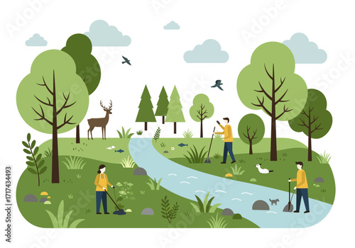 Illustration of people working together to clean a river area and plant new vegetation as part of a nature and biodiversity conservation effort.