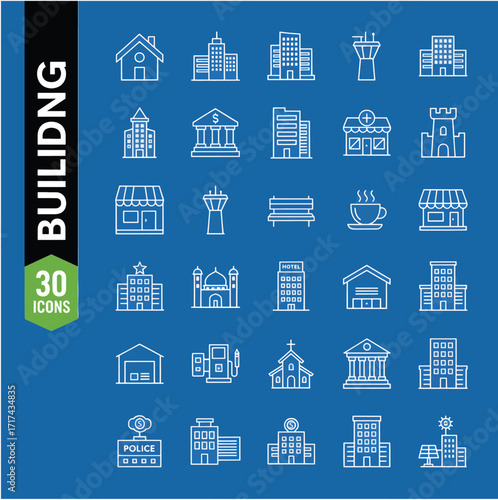 Building Web Icon Set in Line Style. Collection of House Linear Icons, Including city, office, house, skyscraper, bank, school, hotel, shop, university, hospital, church, mosque, factory, architecture