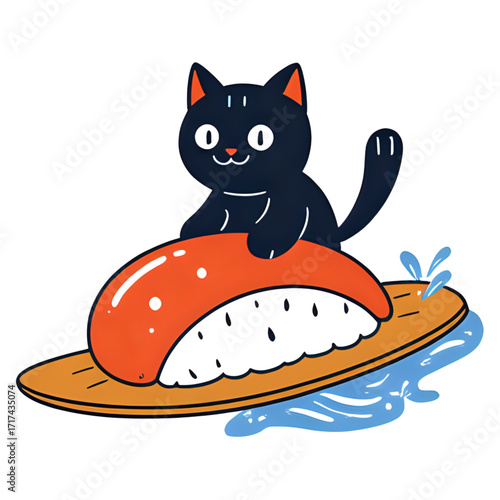 A cat riding a giant sushi roll like a surfboard | cat and fish | cat with a fish
