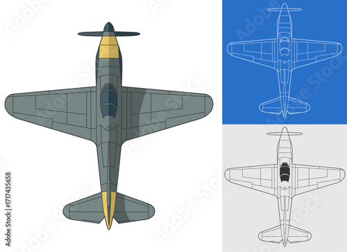 Set B-109 military aircraft design in colored, lineart and blueprint style from top view. Vector illustrations colorful fighter jet. Outline drawing germany vintage combat aeroplane.