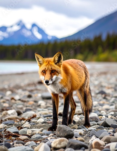 Red fox on a rocky beach, mountains in background