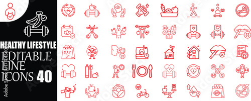 Healthy Lifestyle Editable Line Icons Set - Wellness & Fitness Graphics