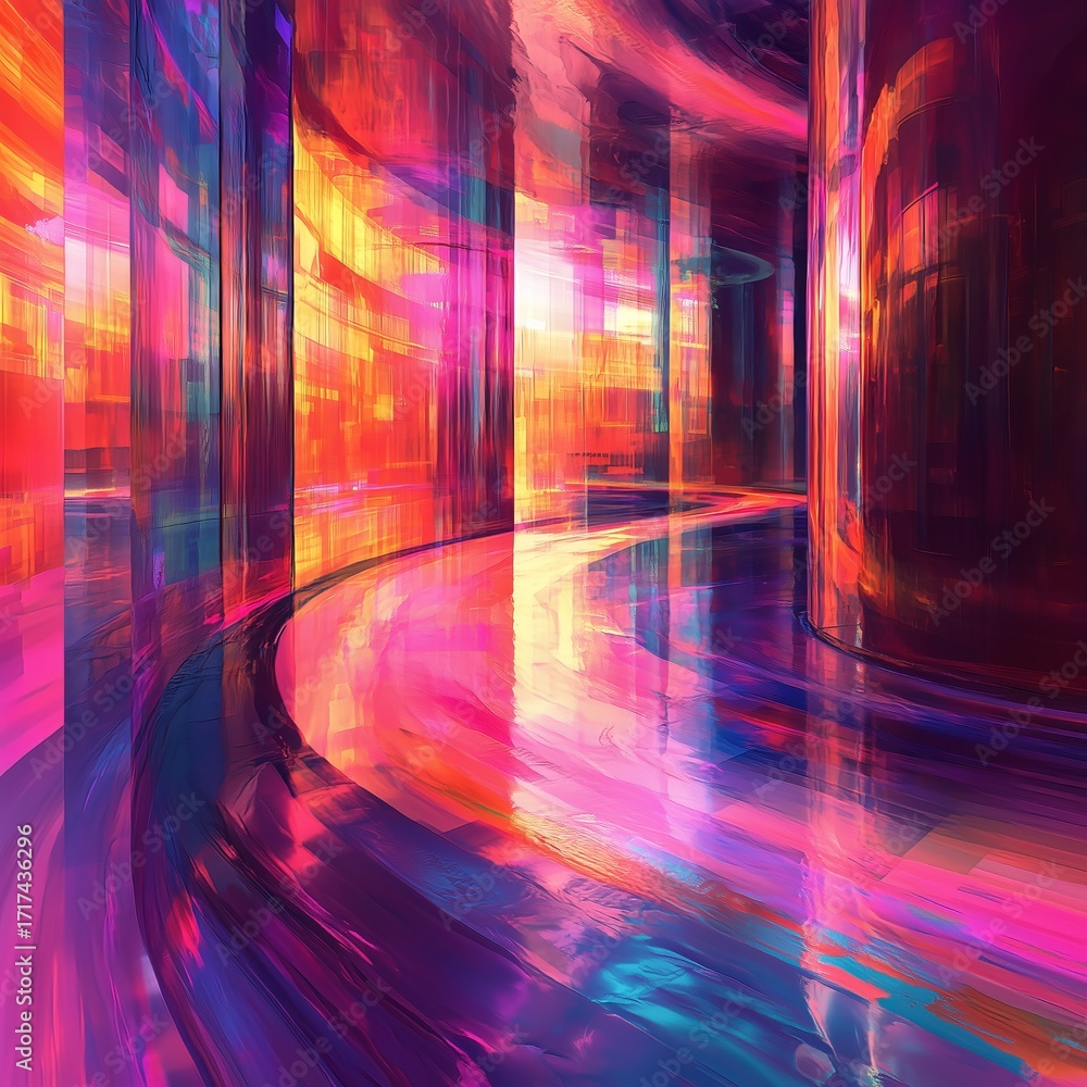Fototapeta premium A vibrant abstract artwork featuring swirling patterns of vivid pink, orange, and purple hues, creating a sense of motion and depth within a reflective, futuristic corridor.