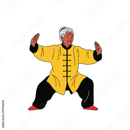 Vector art of elderly person practicing tai chi in a yellow robe