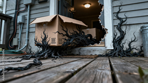 Cardboard box with dark, root-like tendrils emerging from a broken doorway on a wooden porch