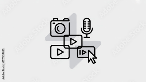 Video production camera microphone cursor play button icon for content creation and multimedia project