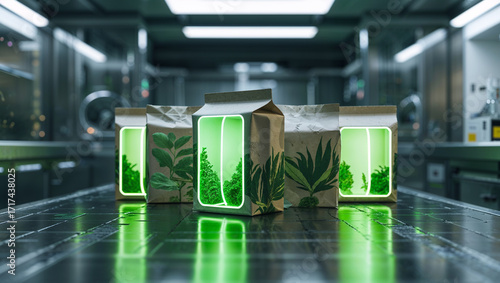Futuristic Eco Packaging with Green Herbs and LED Glow