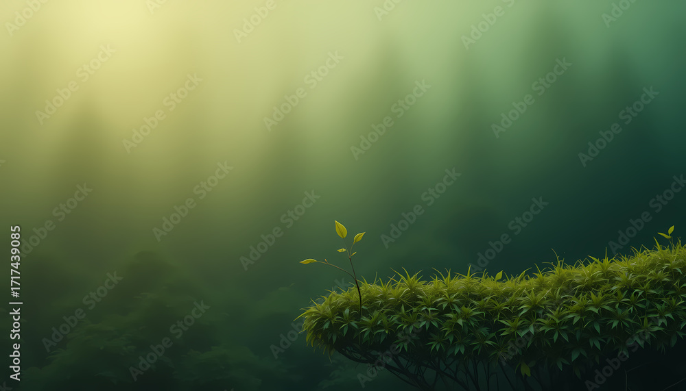 Fototapeta premium Misty forest scene with a small sprout emerging from moss-covered ground.