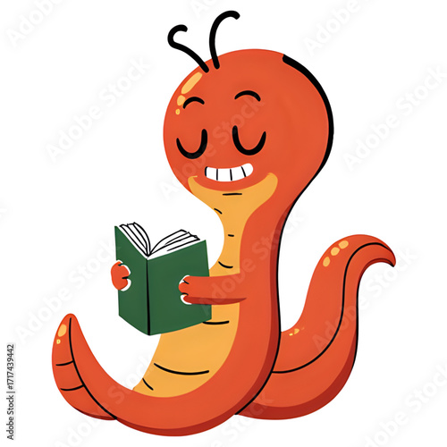 A bookworm literally shaped like a worm, reading a book | funny cartoon worm | cartoon worm cartoon | cartoon worm on a book | cartoon illustration of a worm