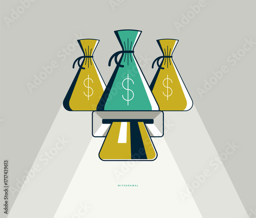 Withdrawal concept poster, money bag with ATM vector icon style illustration, safe withdraw money using credit card, bank deposit or credit money metaphor.