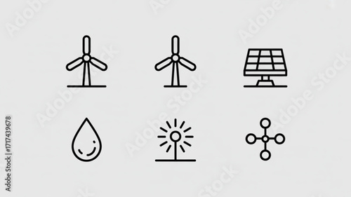 Renewable energy sources icon set: wind turbines, solar panel, water drop, geothermal, and molecule icons