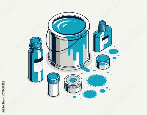 Paints inks and pigments vector 3D isometric illustration, wall paints for decoration and renovation, shades palette swatches different tints.