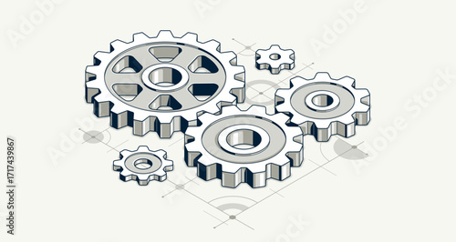 Mechanical engineering concept, gears and cogs with project drawing draft isometric 3D vector illustration, cogwheels system technology and technics machinery engine.