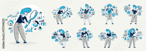 Business person analyzing and organizing financial deals vector outline illustration set, entrepreneur company leader working on some commercial project.