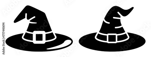 Two black witch hats with white buckles and stripes on a white background